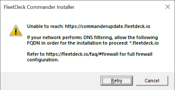 FleetDeck Commander Installer internet unreachable prompt